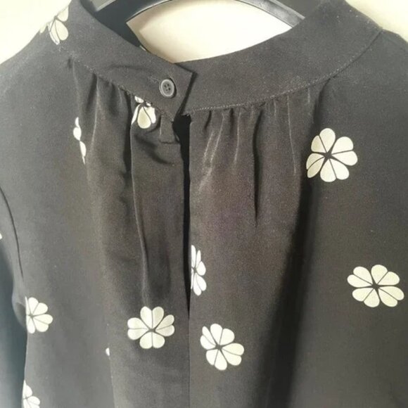Kate Spade Black Floral Mock Neck Blouse Womens XL Puff Bell Sleeve Crepe Top - Picture 5 of 10